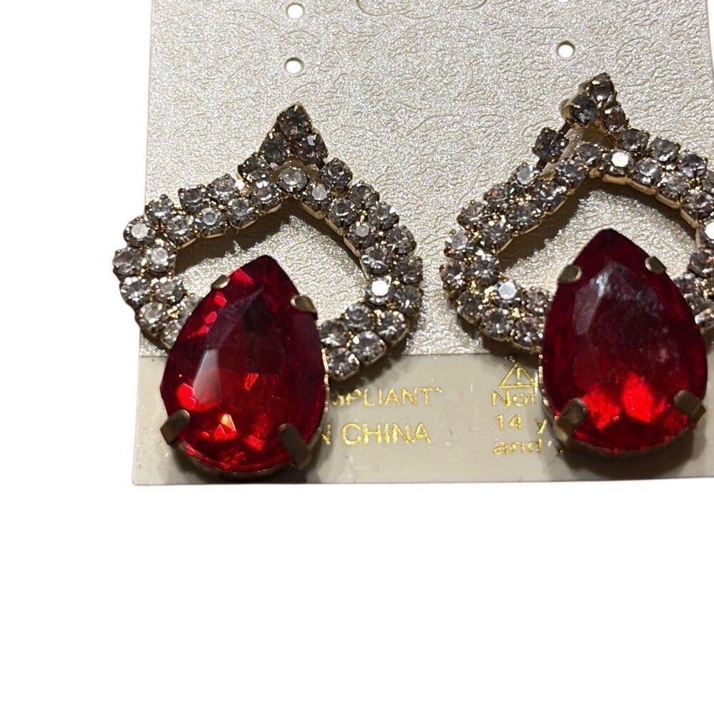 Red Crystal Teardrop Pageant Prom Gala Dangle Drop Earrings 1.25" Hypoallergenic - Picture 2 of 4